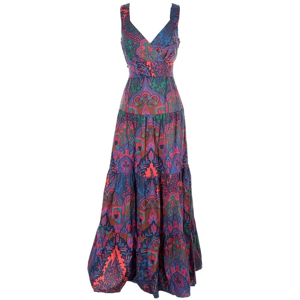 J. Crew Paisley Print Maxi Dress US 2 Tiered Ratti Scarf Colorful 100% Cotton